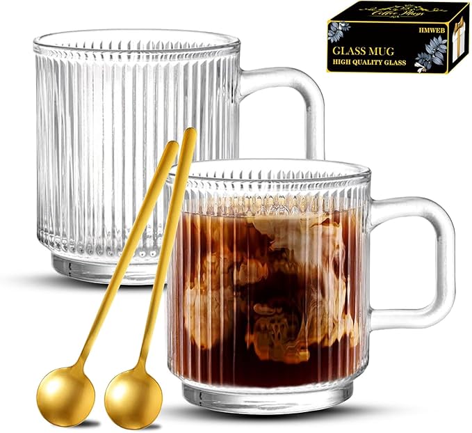 HMWEB Glass Coffee Mug Espresso Cups for Coffee 12 oz Classical Vertical Stripes Glass Tea Cups Transparent Glasses for Latte Juice Chocolate Gift