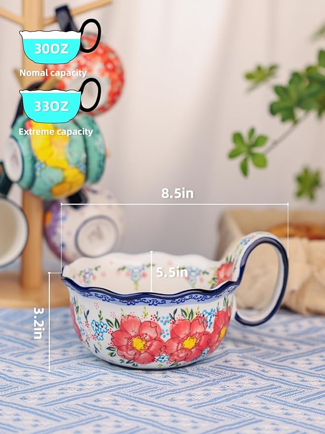 silesia Handmade Ceramic Soup Bowl, 30 oz Hand Painted Bowl with Loop Handle, Floral Design Cereal Bowl for Soup, Ice cream, Snack, Microwave & Dishwasher Safe (Flowers Pink)