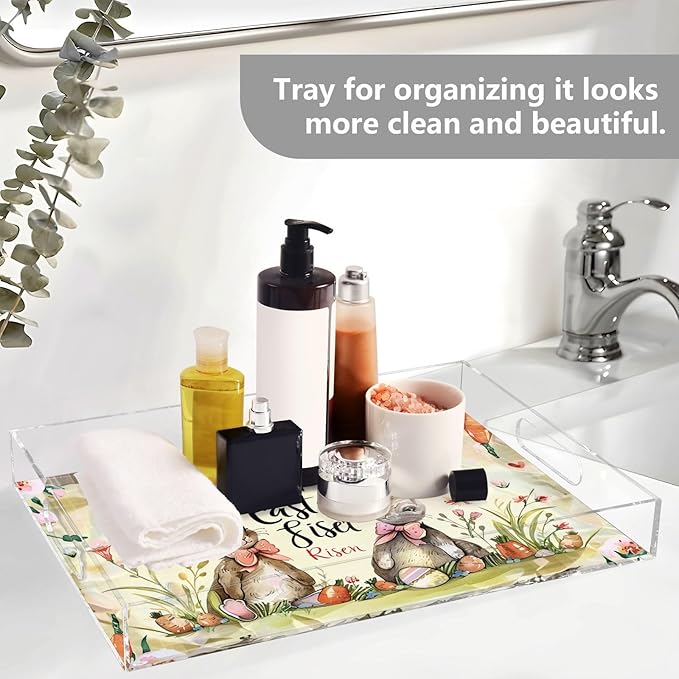 Serving Tray with Handles Clear Acrylic Tray 12x16 Inch Decorative Rectangular Tray Organizer for Ottoman Coffee Table Bathroom Happy Easter Bunny Carrot