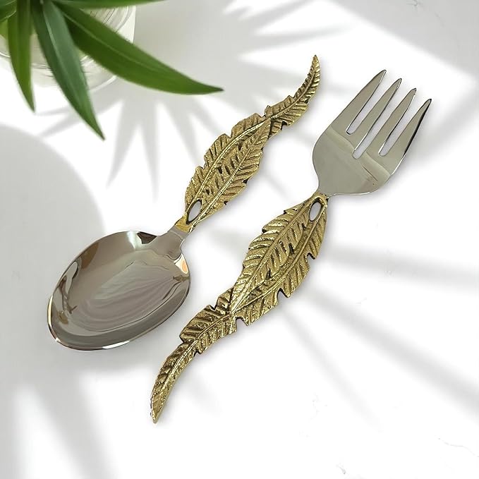 Gold Salad Serving Spoon and Fork Set – Stainless Steel with Decorative Leaf Handle – Elegant 2-Piece Flatware Set for Salad, Pasta, Fruits (10" inches)