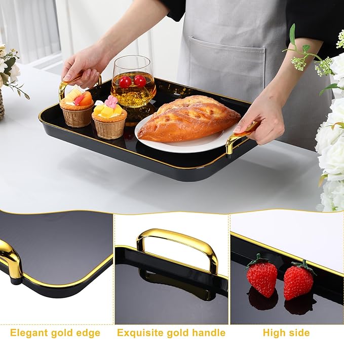 Rtteri Set of 6 Serving Platters with Handles 18.3/16.73/14.8 Inch Large Rectangular Serving Tray Reusable for Entertaining Dinner Party Wedding Decoration(Golden Handles,Black)