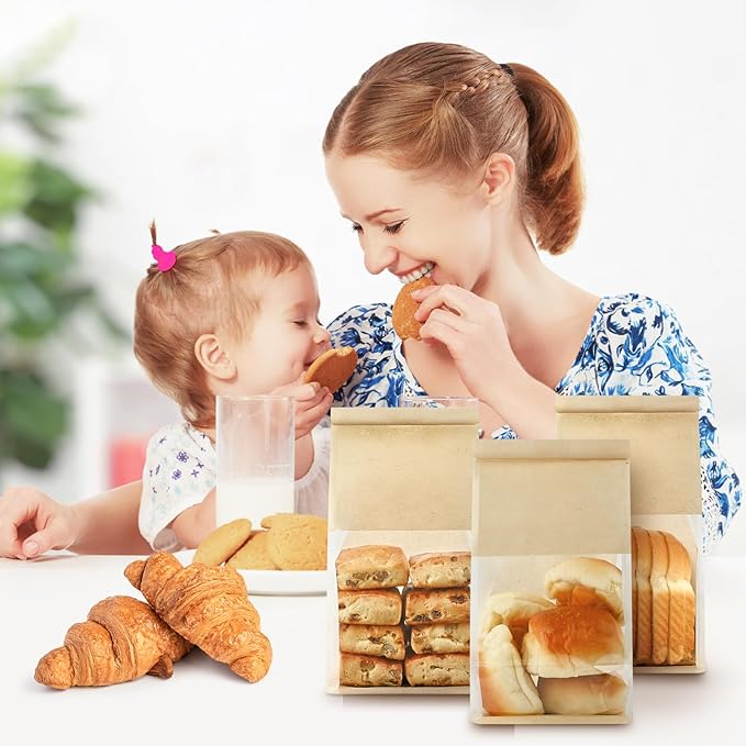 100 PCS Bread Bags for Homemade Breads, 11 x 5.1 x 3.9 Inches Brown Kraft Paper Bakery Bags with Tin Tie Tab Lock Sourdough Bread Bags with Window Baked Foods Packaging