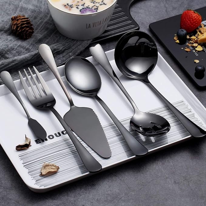 6-Piece Black Serving Flatware Silverware Set,Stainless Steel Serving Utensil Set,Include Cake Server, Slotted Serving Spoon, Serving Spoon, Cold Meat Fork, Butter Knife, Soup Ladle