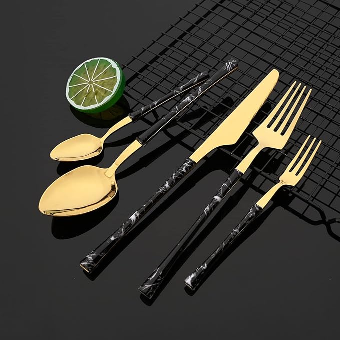 JASHII 24pcs Stainless Steel Marble Texture Handle Cutlery Set, Knife Fork Tea Spoon Silverware Kitchen, Silver Flatware Set for 6, Mirror Polished Small Waist Handle - Black&Gold