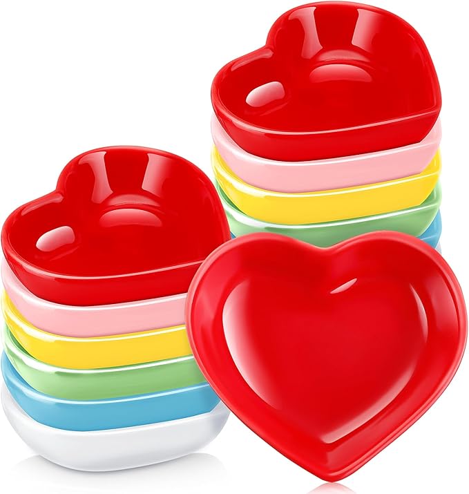 Zopeal 12 Pcs Heart Shaped Bowls Ceramic Dishes Heart Plates Multipurpose Salad Appetizer Plate Cooking Gift for Candy Sauce Sushi Dipping Serving Wedding Anniversary (Colorful)