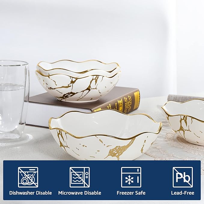 Fanquare 16oz Gold Marble Pasta Bowls Set of 4, 7" Porcelain Salad and Cereal Bowls, Modern Kitchen Serving Set