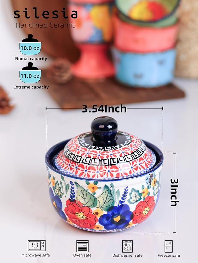 silesia Handmade Sugar Bowl with Lid and Spoon, 10 Ounce Ceramic Hand-Painted Sugar Jar for Kitchen in Gift Box, Kitchen Decor, Oven, Dishwasher & Microwave Safe, Polish Garden