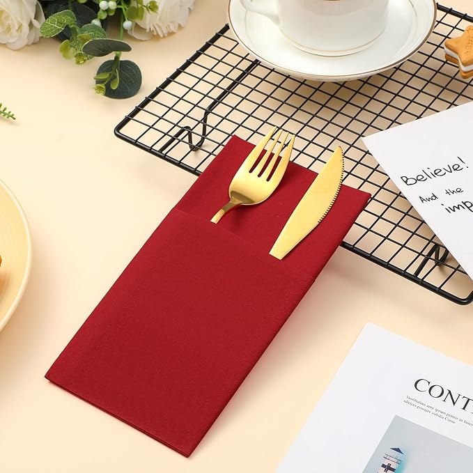 Cindeer 150 Pcs Red Linen Dinner Feel Napkins with Built in Flatware Pocket Prefolded Paper Disposable Airlaid Guest Hand Towel for Silverware Wedding Reception Christmas Baby Shower