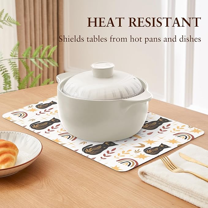 QIYI Placemats Set of 6, 12x18 Inch PU Leather Place Mats for Kitchen Dinning, Heat Resistant Anti Slip Folk Table Mats, Waterproof Wipeable Washable Placemat Party Table Décor, Boho Black Cats
