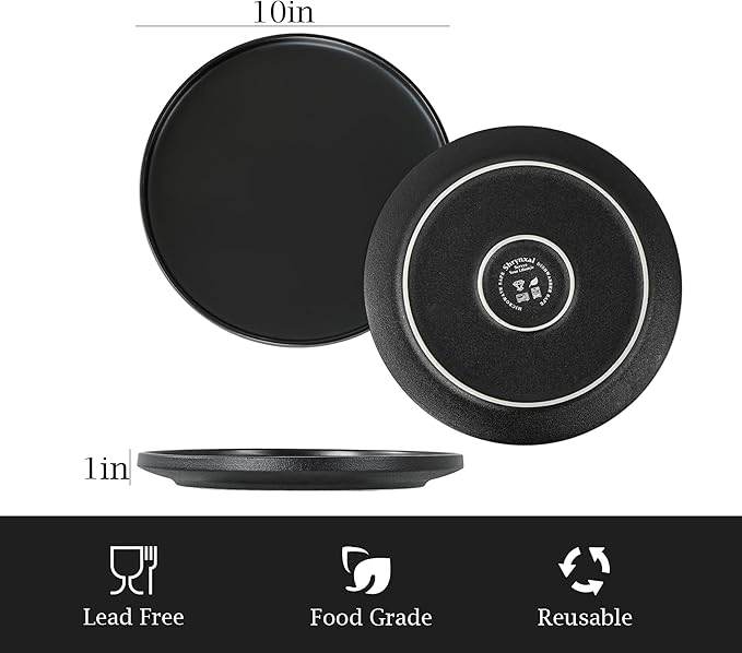 Ceramic Dinner Plates, 10.25 Inch Flat Dish Set for 4, Perfect for Family and Entertaining, Microwave & Dishwasher Safe, Dinner Dishes for Steak, Sandwiches, Pizza, Pasta, Modern Black