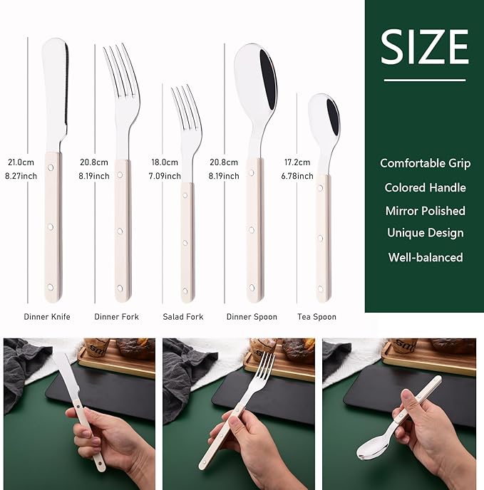 30 PCS Stainless Steel Flatware Set for 6, Silverware Set with Colored Handles, Retro Style Forks Spoons and Knives Set, Vintage Eating Utensils, Beige Acrylic Handle with Rivets Design