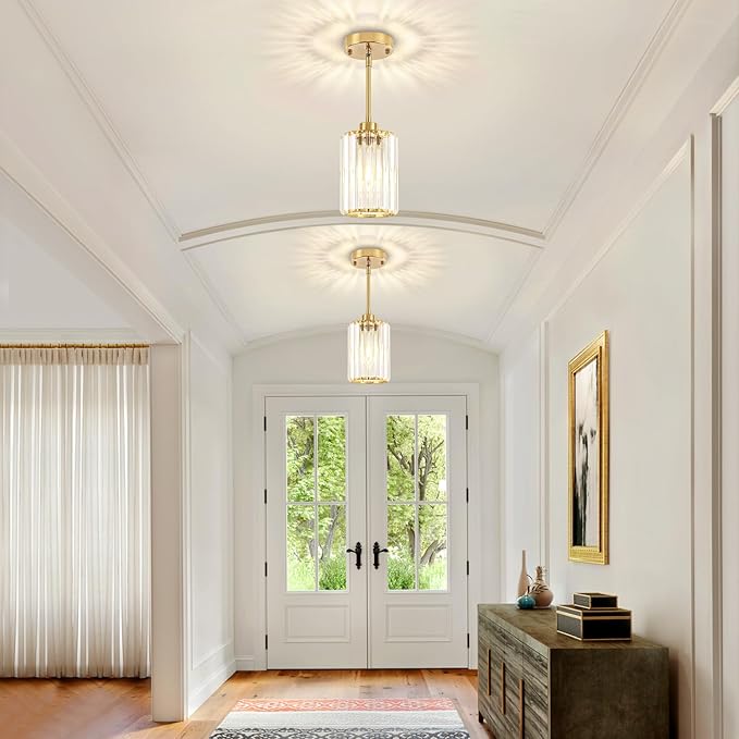 2 Pack Pendant Lights Kitchen Island, Modern Brushed Gold Pendant Light Fixtures, Kitchen Hanging Lights Mini Chandelier Crystal Pendant Lighting for Island Dining Room Hallway Bedroom