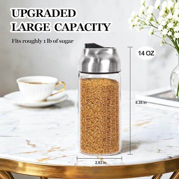 Glass Sugar Dispenser Shaker Set for Coffee, Tea, Milk, 14 OZ, (2 Pack)