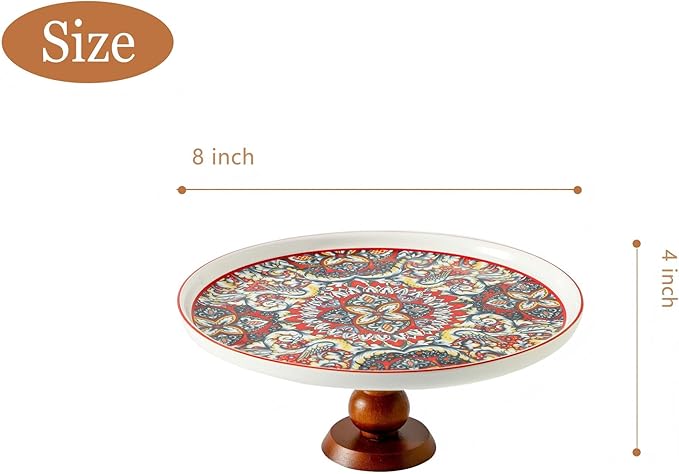 Ceramic Cake Stand with Elegant Wood Curved Footed, 8” Versatile Dessert Stand, 2-in-1 Dessert Table Display Set & Charcuterie Board for Birthday/Kitchen/Party/Charcuterie,Red