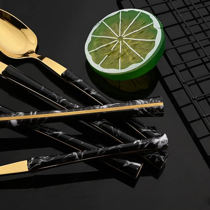 JASHII 30pcs Stainless Steel Imitation Marble Handle Cutlery Flatware Set,Tableware Knife Cake Fork Spoons Dinnerware Set Party Kitchen Silverware for 6, Mirror Polished - Black&Gold