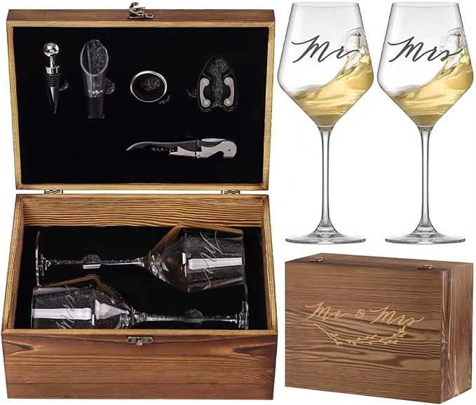 Mr and Mrs Wine Glasses Set with Wooden Box and Wine Accessories – Engagement or Housewarming Gift for Couple