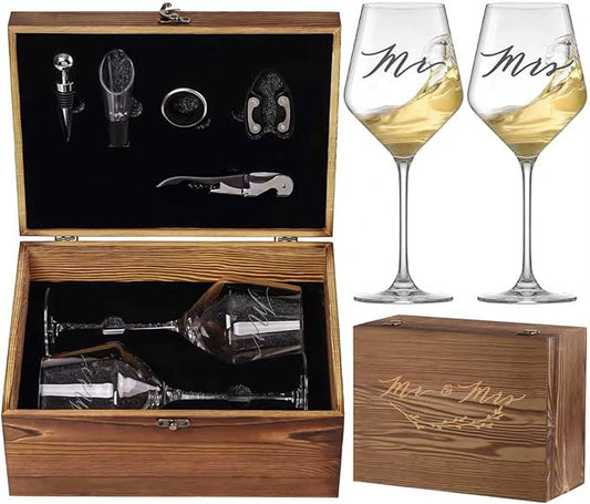 Mr and Mrs Wine Glasses Set with Wooden Box and Wine Accessories – Engagement or Housewarming Gift for Couple