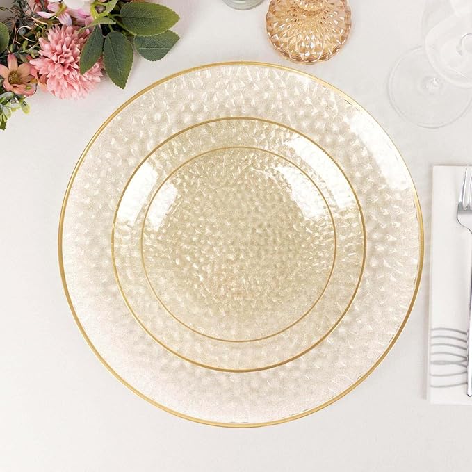 Efavormart 10 Pack Gold Glitter Clear Hammered Plastic Dinner Plates, Round Disposable Party Plates With Gold Rim - 9"