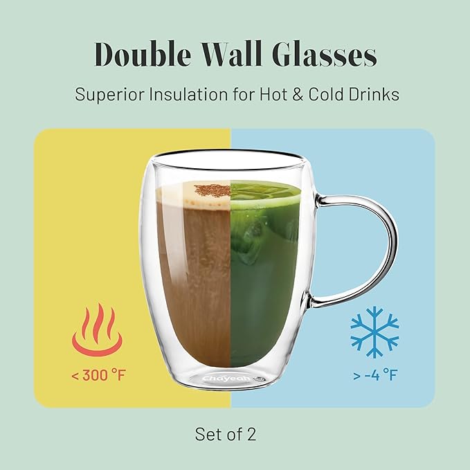 ChaYeah, Double Wall Glasses, 12 OZ Insulated Cups with Handle, Perfect for Tea, Coffee, Water, and More (Set of 2)