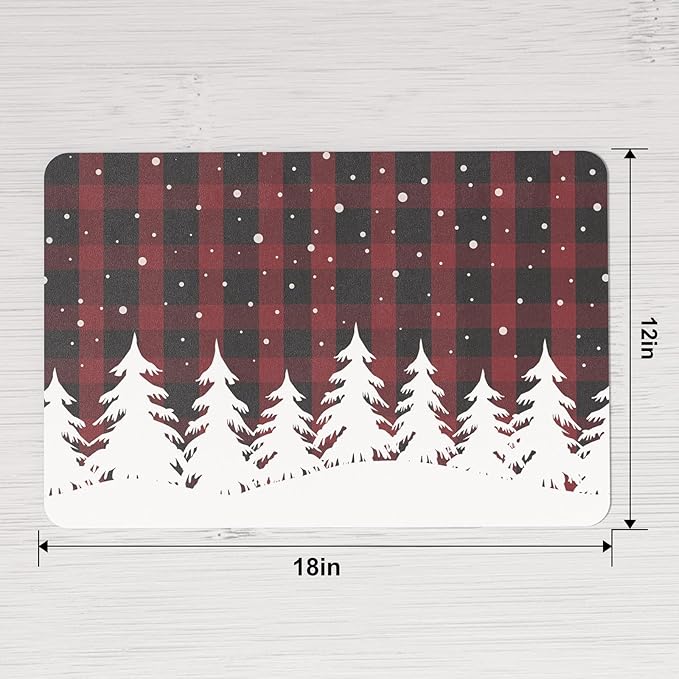 QIYI Christmas Placemats Set of 6, 12x18 Inch PU Leather Place Mats for Kitchen Dinning, Heat Resistant Anti Slip Winter Table Mats, Waterproof Wipeable Placemat Party Table Décor, Red Buffalo Plaid