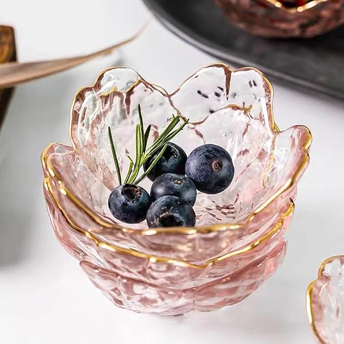 Seasoning bowls with gold rim,6 pcs Pink Cherry Flower Crystal Glass Appetizer Plates dipping bowls ice cream Sushi,pink glass plates mini for charcuterie board (Phnom Penh)