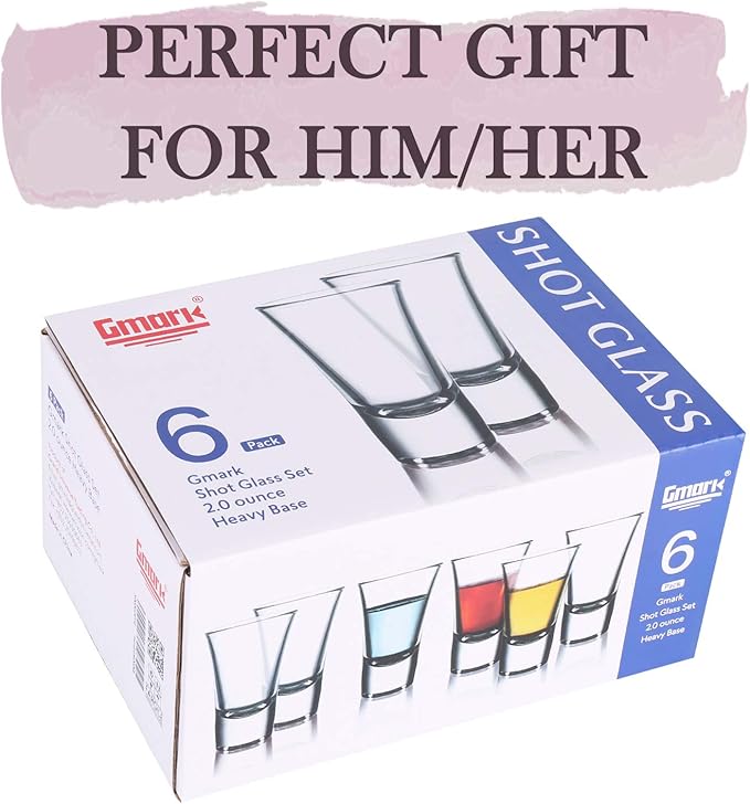 Gmark 2-Oz Shot Glass Set Heavy Base, Whiskey Shot Glasses 6-Pack - Perfect for Wine Tasting, Shooter, Cocktail Pourer, Jigger, Tequila (6 Pack)