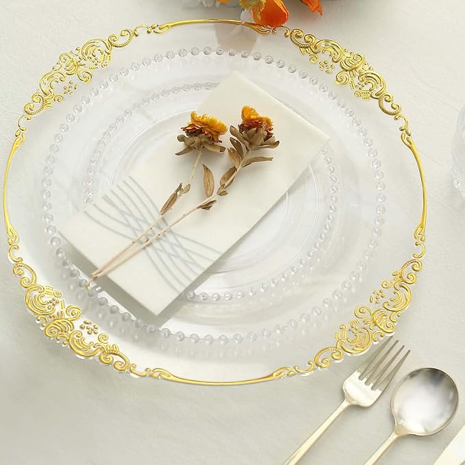 8" Salad Plates - Set of 20 - Plastic Clear Round Disposable Dessert Appetizer Plate Beaded Rim, Ideal for Dinner Party Wedding Bulk Events