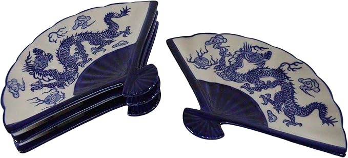 Ebros Pack Of 4 Colorful Oriental Folding Fan Shaped Appetizer Sushi Dessert Serving Dish Plates Decorative Asian Themed Artistic Dinner Lunch Serveware Plate Set (Blue White Dragon King Feng Shui)