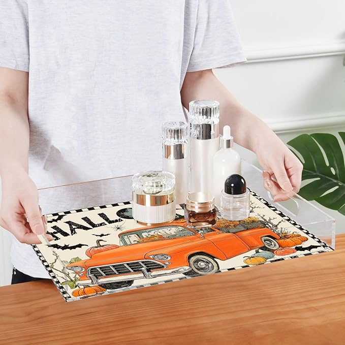 Serving Tray with Handles Clear Acrylic Tray 12x16 Inch Decorative Rectangular Tray Organizer for Ottoman Coffee Table Bathroom Orange Truck Halloween Bat Pumpkin