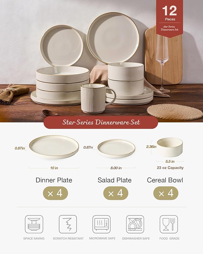 Famiware Star Dinnerware Set with Plates and Bowls, Service for 4 (16-Piece), Stoneware Kitchen Dishes Dinner Sets - Vanilla White