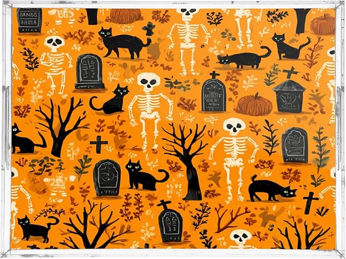 Serving Tray with Handles Clear Acrylic Tray 12x16 Inch Decorative Rectangular Tray Organizer for Ottoman Coffee Table Bathroom Orange Skeletons Cat Bats Tombstones Dead Trees