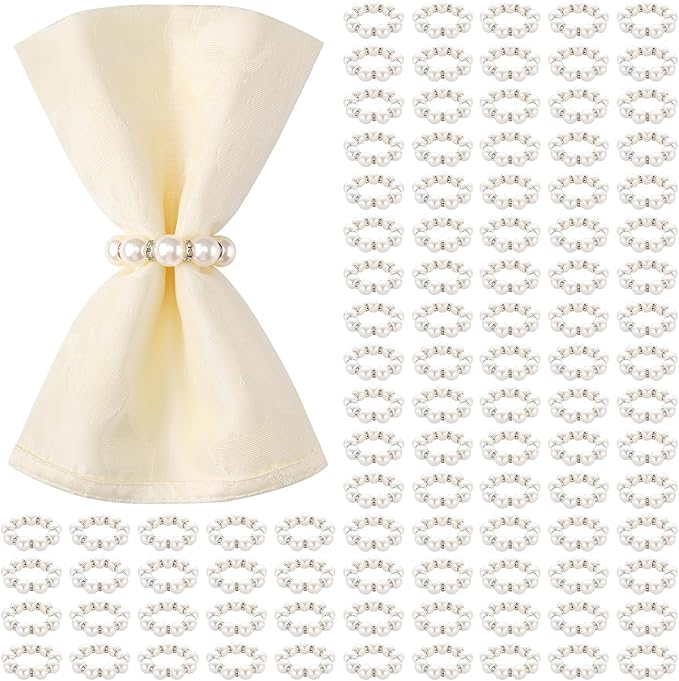 Suream Napkin Rings Bulk 100, Silver Rhinestone Napkin Rings, Pearl Table Decor for Birthday Party Banquet Table and Daily Use(White & Silver)