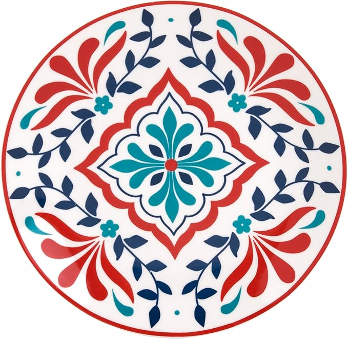 Tabletops Gallery 12-Piece Camila Patterned Ceramic Dinnerware Set of Kitchen Dishes, Dinner Plates, Cereal Bowls, Service for 4, Red