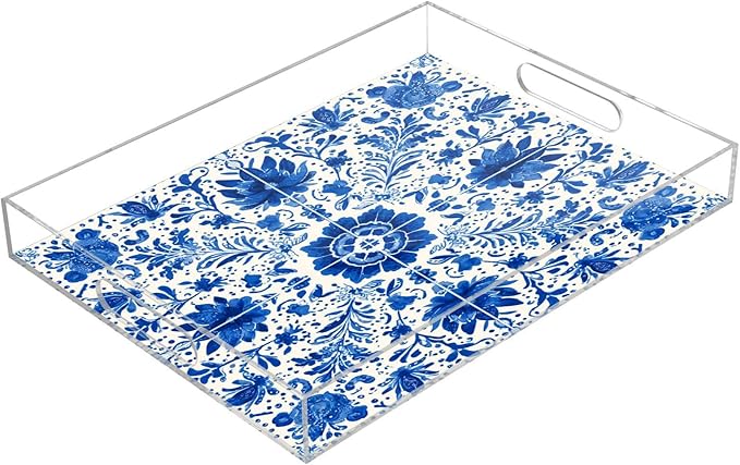 Serving Tray with Handles Clear Acrylic Tray 12x16 Inch Decorative Rectangular Tray Organizer for Ottoman Coffee Table Bathroom Floral Blue and White Tile