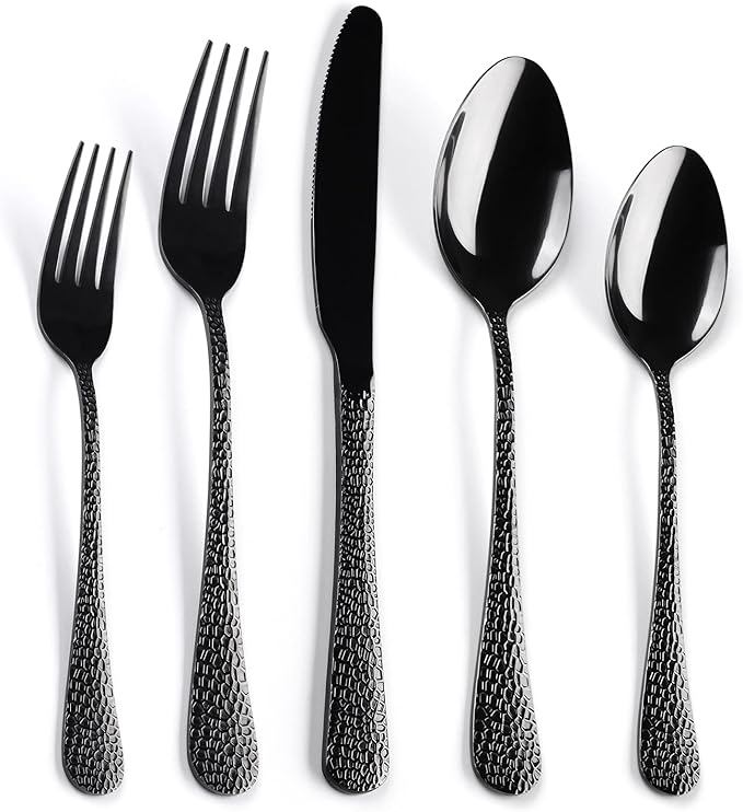 40 Piece Forged Black Flatware Set for 8 SANLUNS Stainless Steel Heavy Hammered Silverware Fine Dining Utensils Tableware Unique Cutlery Knives Forks Spoons,Reusable Holiday Gifts Mirror Dishwasher