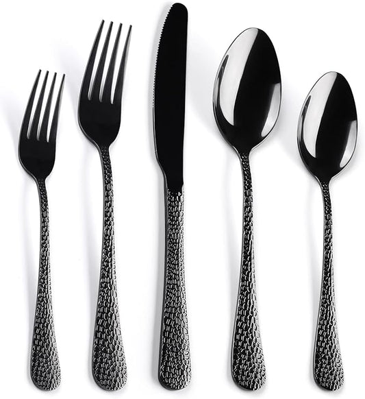 40 Piece Forged Black Flatware Set for 8 SANLUNS Stainless Steel Heavy Hammered Silverware Fine Dining Utensils Tableware Unique Cutlery Knives Forks Spoons,Reusable Holiday Gifts Mirror Dishwasher