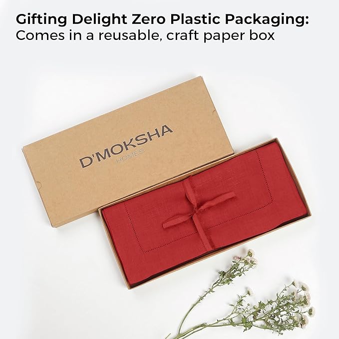 D'Moksha Homes Linen Bright Red Table Runner 120 Inches Long - 100% Pure Linen Hemstitch 14 x 120 Inch Table Runner for Dining, Winter, Christmas, Holiday, New Year - Classic Hemstitch