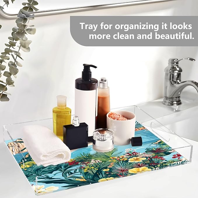 Serving Tray with Handles Clear Acrylic Tray 12x16 Inch Decorative Rectangular Tray Organizer for Ottoman Coffee Table Bathroom Coastline Hibiscus