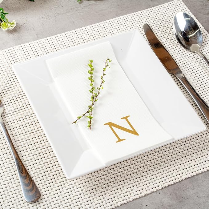 Luxenap 15.8 X 7.9 Inch Linen-Feel Guest Towels, 50 Lettered Hand Towels - Gold Letter 'N', Sans Serif Font, White Paper Dinner Napkins, airlaid, For Restrooms And Tables