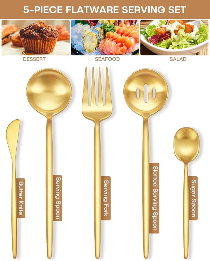 Stapava 5-Piece Matte Gold Serving Utensils Set, Stainless Steel Large Hostess Serving Set for Buffet Party Kitchen Restaurant, Satin Finish, Dishwasher Safe