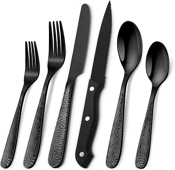 Hammered Silverware Set for 4, Heavy Duty 18/0 Black Flatware Set with Steak Knives, Aswwid 24 Pcs Stainless Steel Kitchen Cutlery Set Include Forks Spoons and Knives, Mirror Utensil Dishwasher Safe