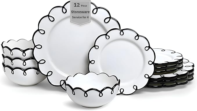 Sango 12-Piece Earthenware Dinnerware Set for 4, Glossy White Plates and Bowls Sets with Black Scalloped Rims, Premium Dish Set, Holiday Dishes for Gifting & Hosting Christmas Party, Splash of Cheers