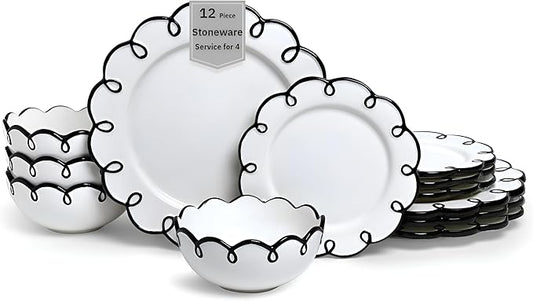 Sango 12-Piece Earthenware Dinnerware Set for 4, Glossy White Plates and Bowls Sets with Black Scalloped Rims, Premium Dish Set, Holiday Dishes for Gifting & Hosting Christmas Party, Splash of Cheers