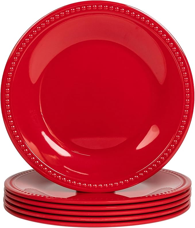 Melamine Beaded Dinner Plate Set of 6, 100% Pure Melamine, BPA Free, Chip & Break Resistant, Lightweight, Great for Dining, Weddings & Everyday Meals, Red, 11in