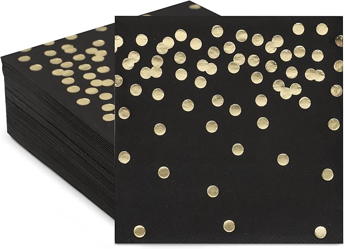 80 Pack of White Paper Cocktail Napkins with Gold Foil Polka Dot Confetti，Polka Dot Party Supplies(5 x 5 in，3-ply) (Black)