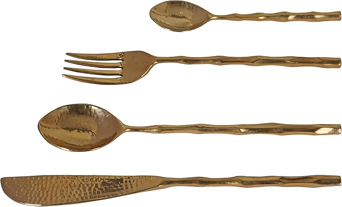 DeKulture Handmade Pure Brass 4-Piece Cutlery Set: Gold Flatware for Dining & Serving
