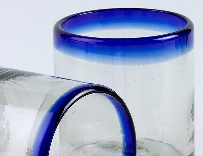 Handmade con Amor - 7 oz Hand Blown Mexican Drinking Glasses - Set of 2, 7 fl oz each, Cobalt-Blue Rim