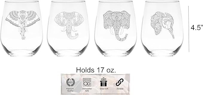 C M Elephant Stemless Wine Glass Set of 4 Pieces - Elephant Themed Gift for Women and Men