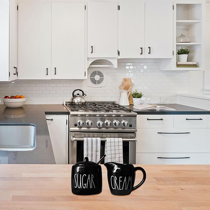 Sugar and Creamer Set, Cream Container and Sugar Holder Set for Coffee Bar, Farmhouse Sugar Bowl with Lid and Spoon, Ceramic Sugar Dispenser and Creamer Pitcher Set for Countertop (Black)