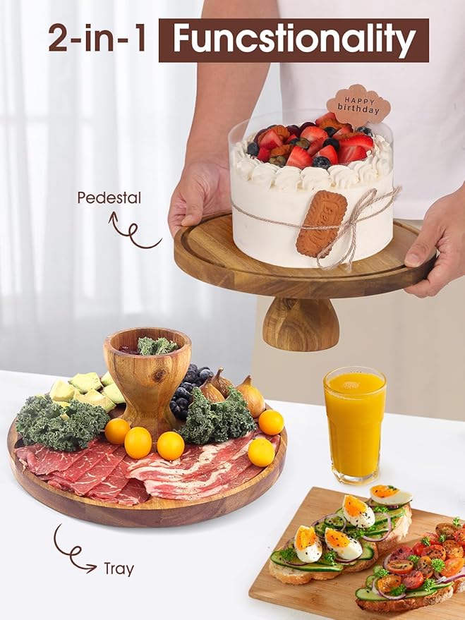 Acacia Wood Cake Stand with Lid, 12in Round Cake Holder, 2-in-1 Cake Plates with Acrylic Dome, Dessert Table Display Set for Party Birthday Kitchen Wedding